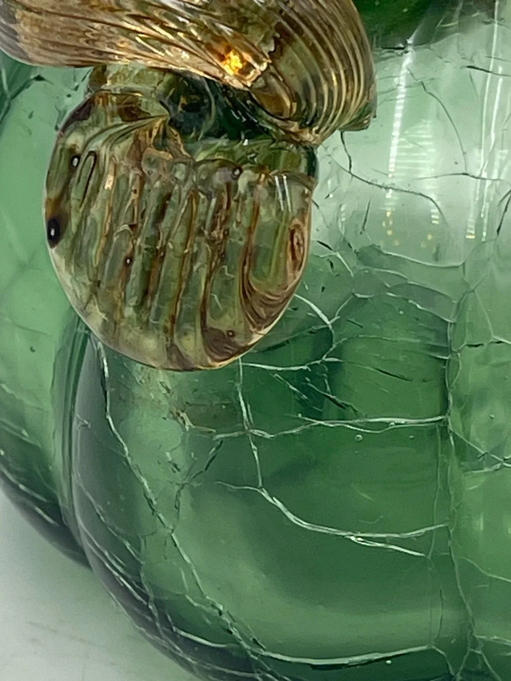 Vintage Hand Blown Green Ombre Crackle Art Glass Pumpkin with Amber Twisted Stem